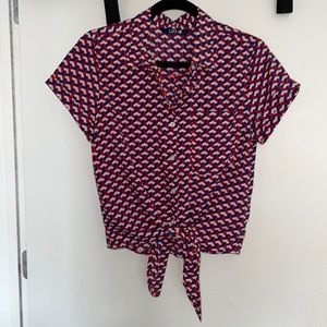Short sleeve button down tie blouse, size Medium